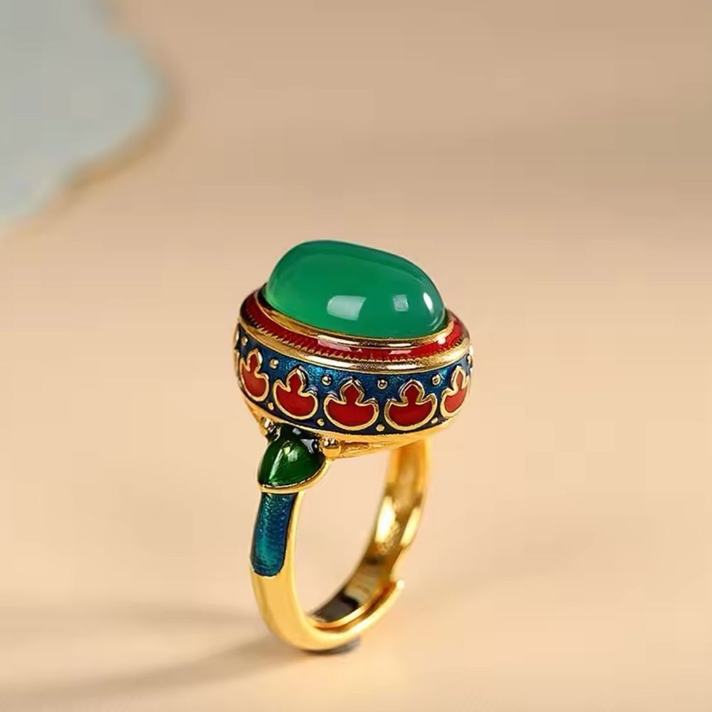 Anthropologie Green Jade-Look Enamel Gold Ring with Red and Blue Accents